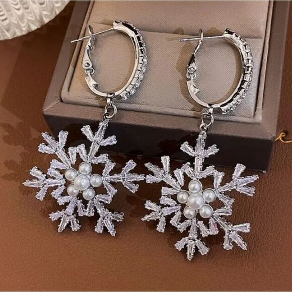 Silver Dangle Snowflake Earrings - Picture 1 of 2